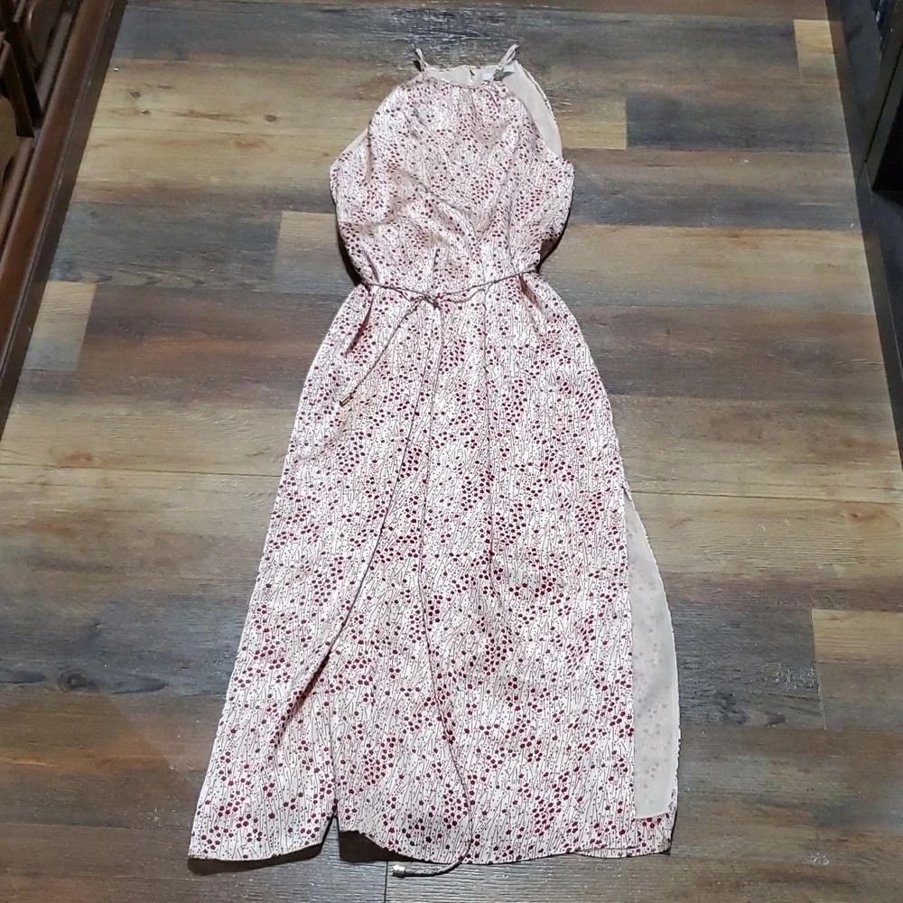 Joie red floral on cream tie waist single side split maxi halter top dress